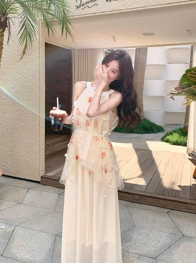 Romantic Embroidered Mesh Patchwork Halter Dress