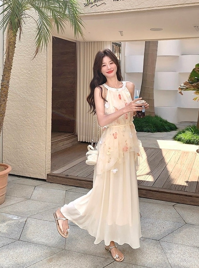 Romantic Embroidered Mesh Patchwork Halter Dress