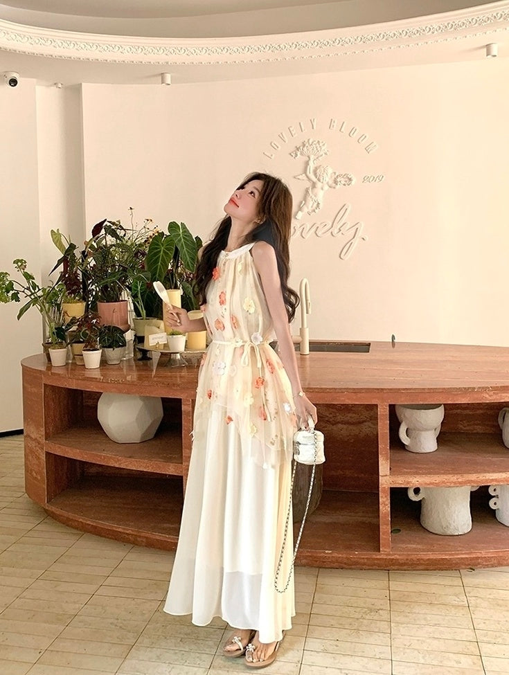 Romantic Embroidered Mesh Patchwork Halter Dress