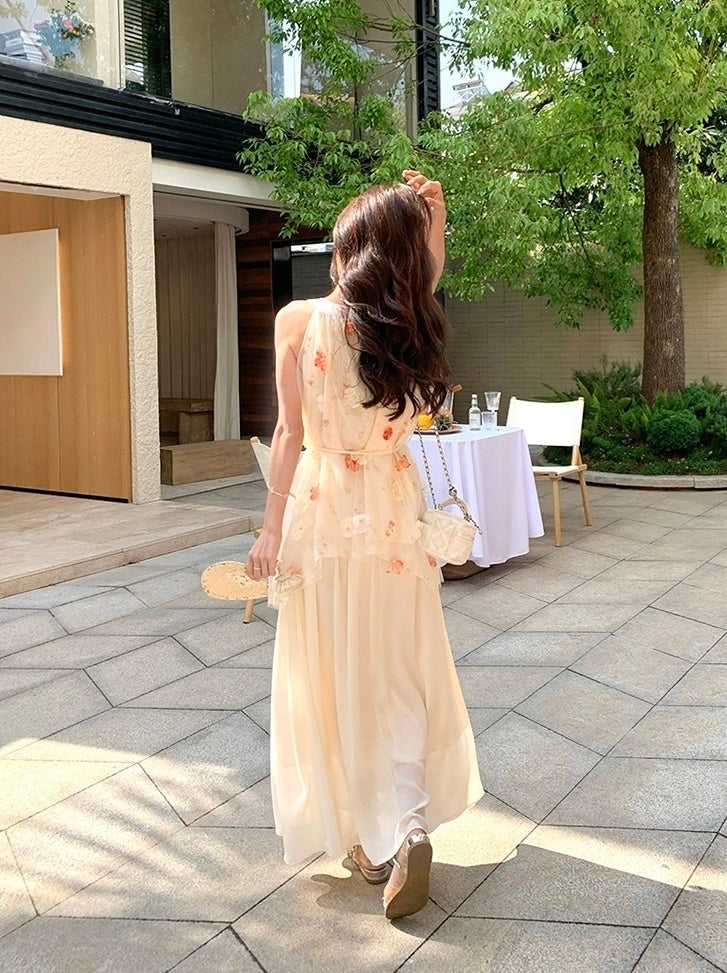 Romantic Embroidered Mesh Patchwork Halter Dress