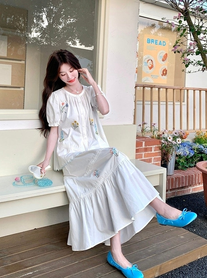 Romantic Embroidered Shirt And Skirt Set