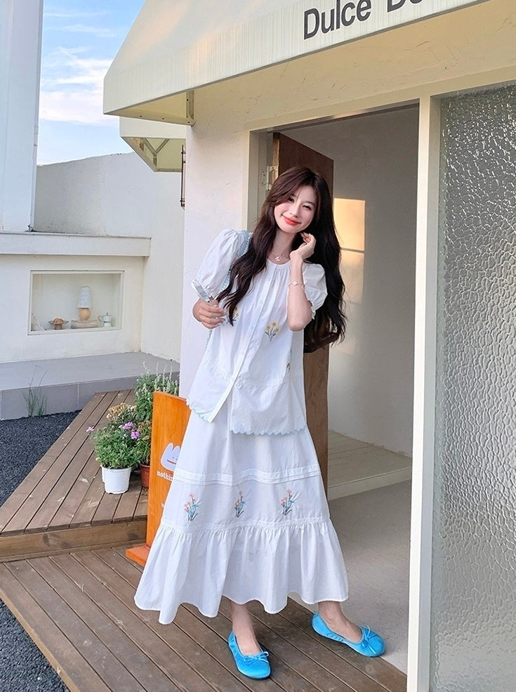 Romantic Embroidered Shirt And Skirt Set