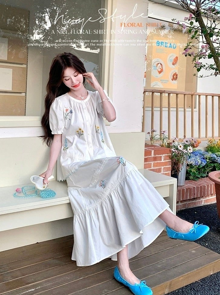 Romantic Embroidered Shirt And Skirt Set