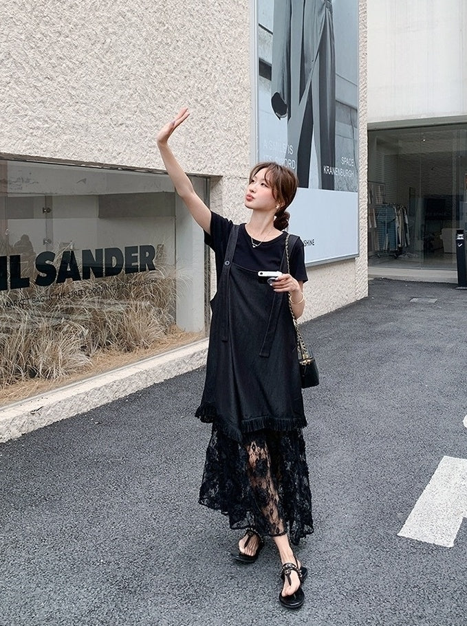 Romantic Korean Style Sleeveless Dress And T Shirt Set