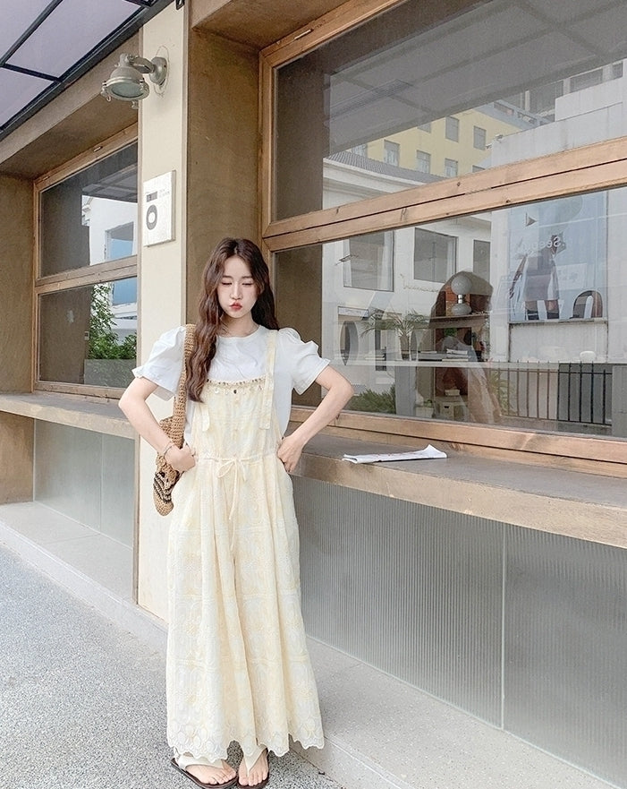 Romantic Lace Embroidered Shell Trim Overalls