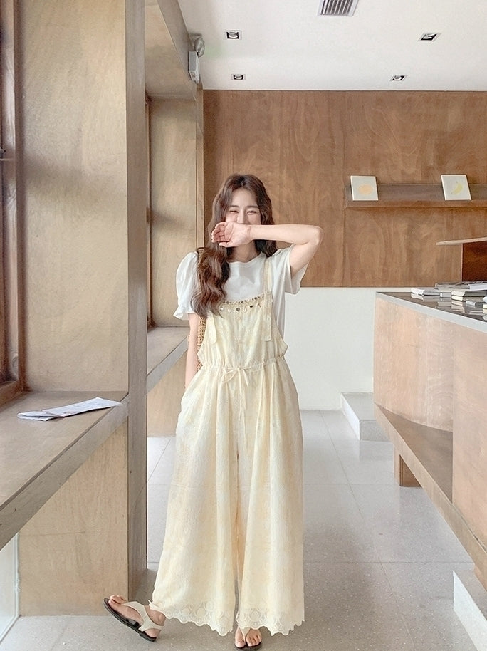 Romantic Lace Embroidered Shell Trim Overalls