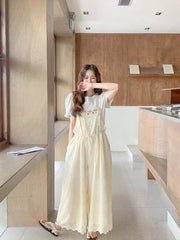 Romantic Lace Embroidered Shell Trim Overalls