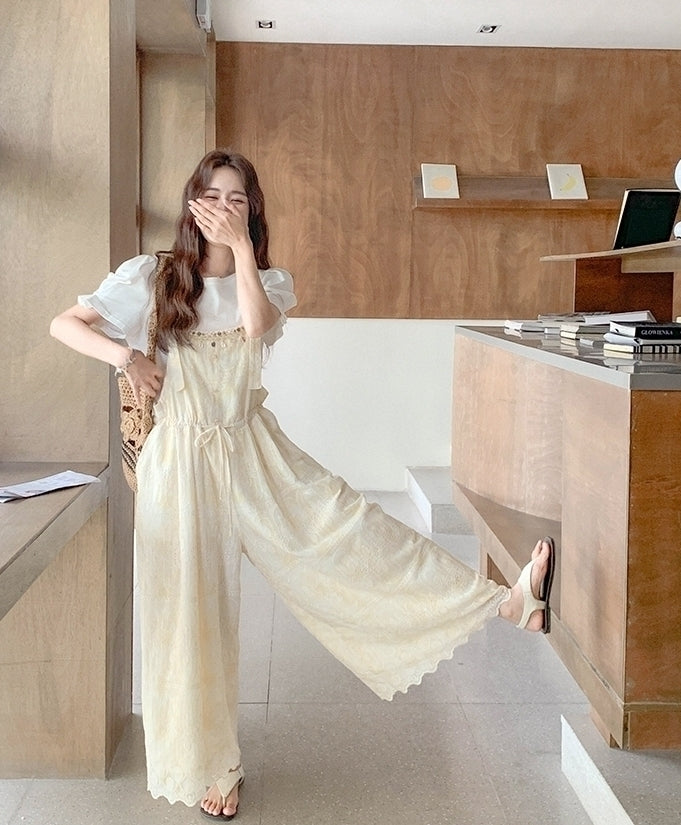 Romantic Lace Embroidered Shell Trim Overalls