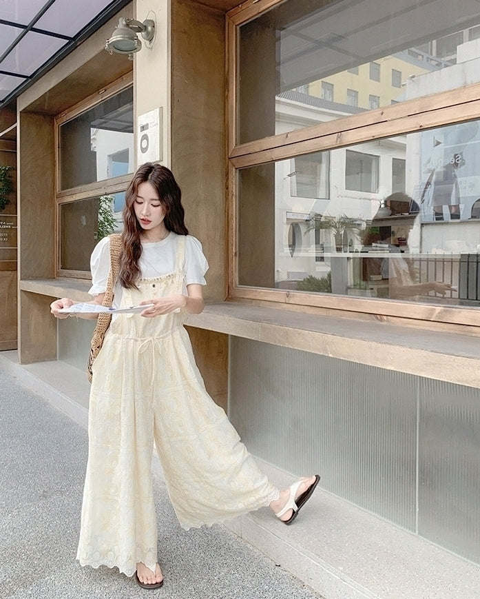 Romantic Lace Embroidered Shell Trim Overalls