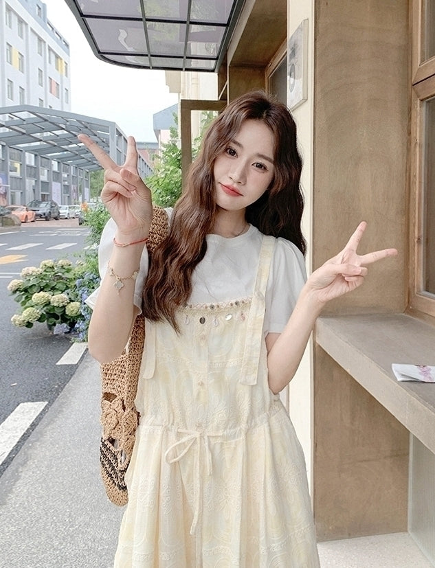 Romantic Lace Embroidered Shell Trim Overalls