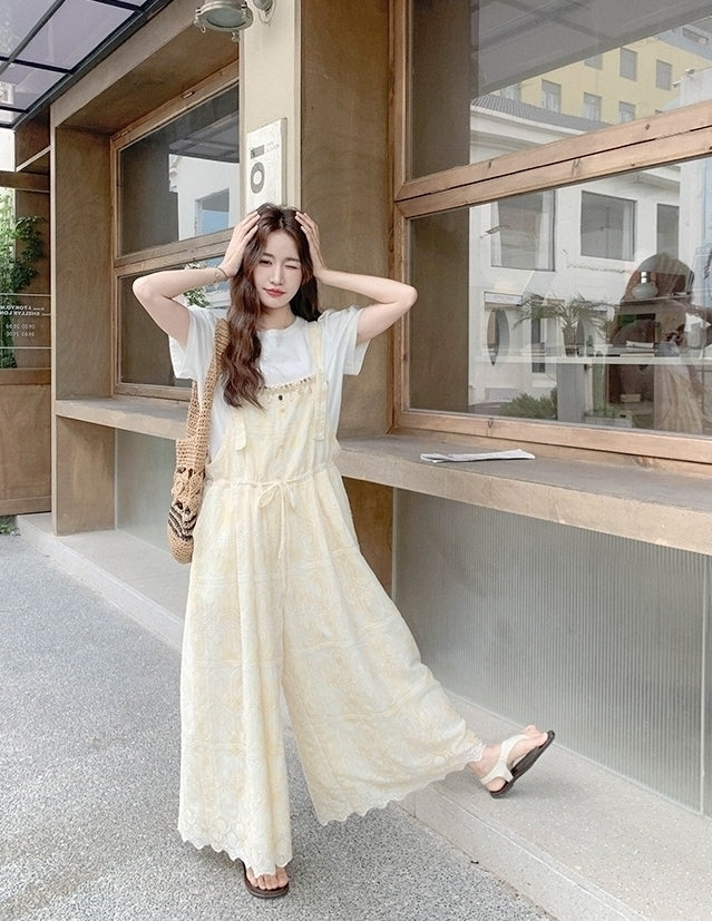 Romantic Lace Embroidered Shell Trim Overalls