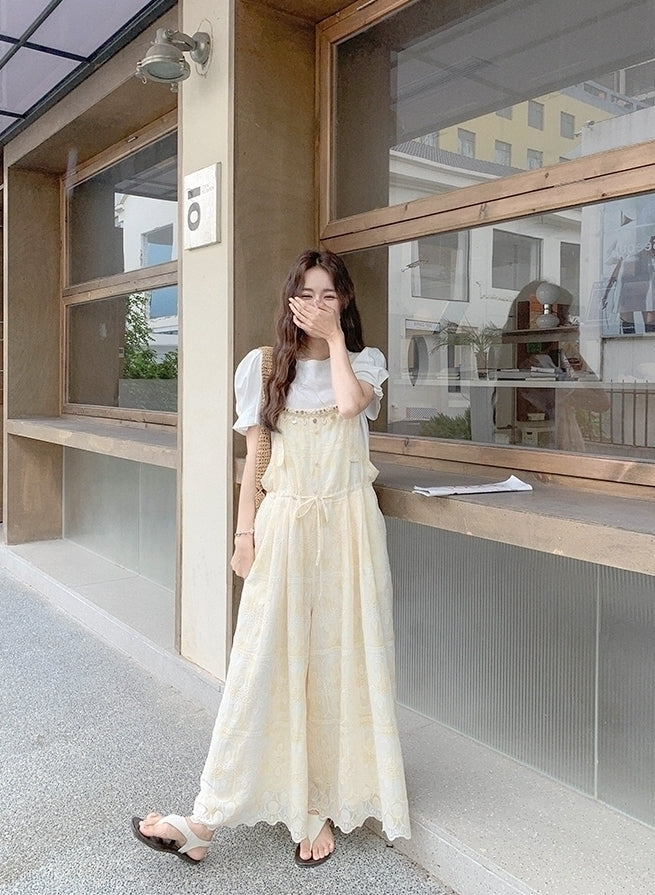 Romantic Lace Embroidered Shell Trim Overalls