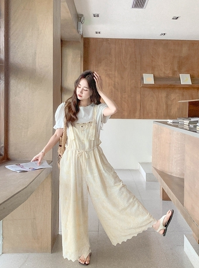 Romantic Lace Embroidered Shell Trim Overalls