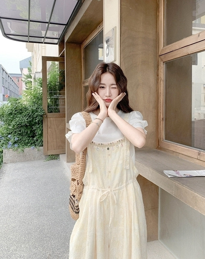 Romantic Lace Embroidered Shell Trim Overalls