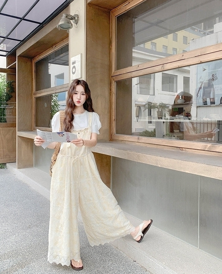 Romantic Lace Embroidered Shell Trim Overalls