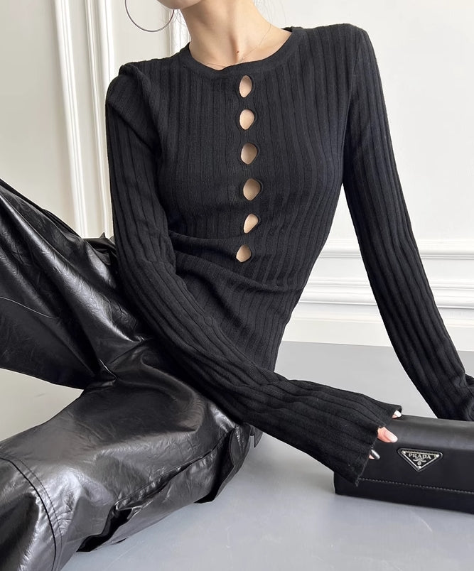 Black Cut-Out Long Sleeves Knit Top