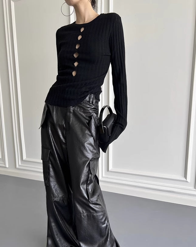 Black Cut-Out Long Sleeves Knit Top