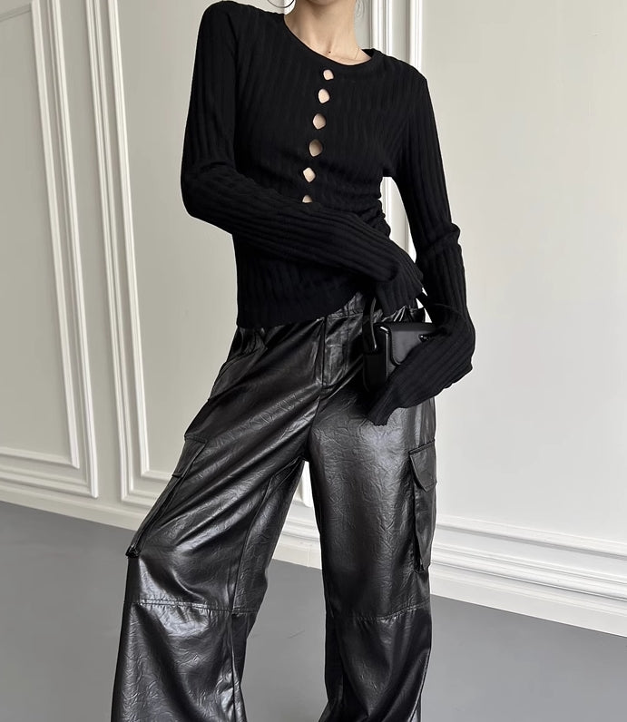 Black Cut-Out Long Sleeves Knit Top