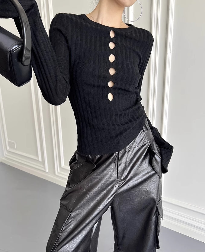 Black Cut-Out Long Sleeves Knit Top
