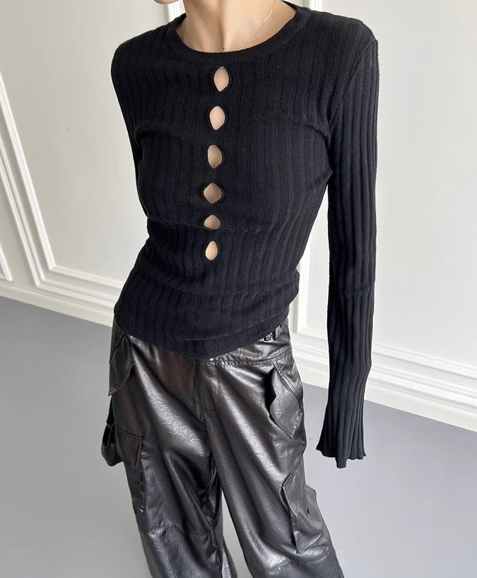 Black Cut-Out Long Sleeves Knit Top