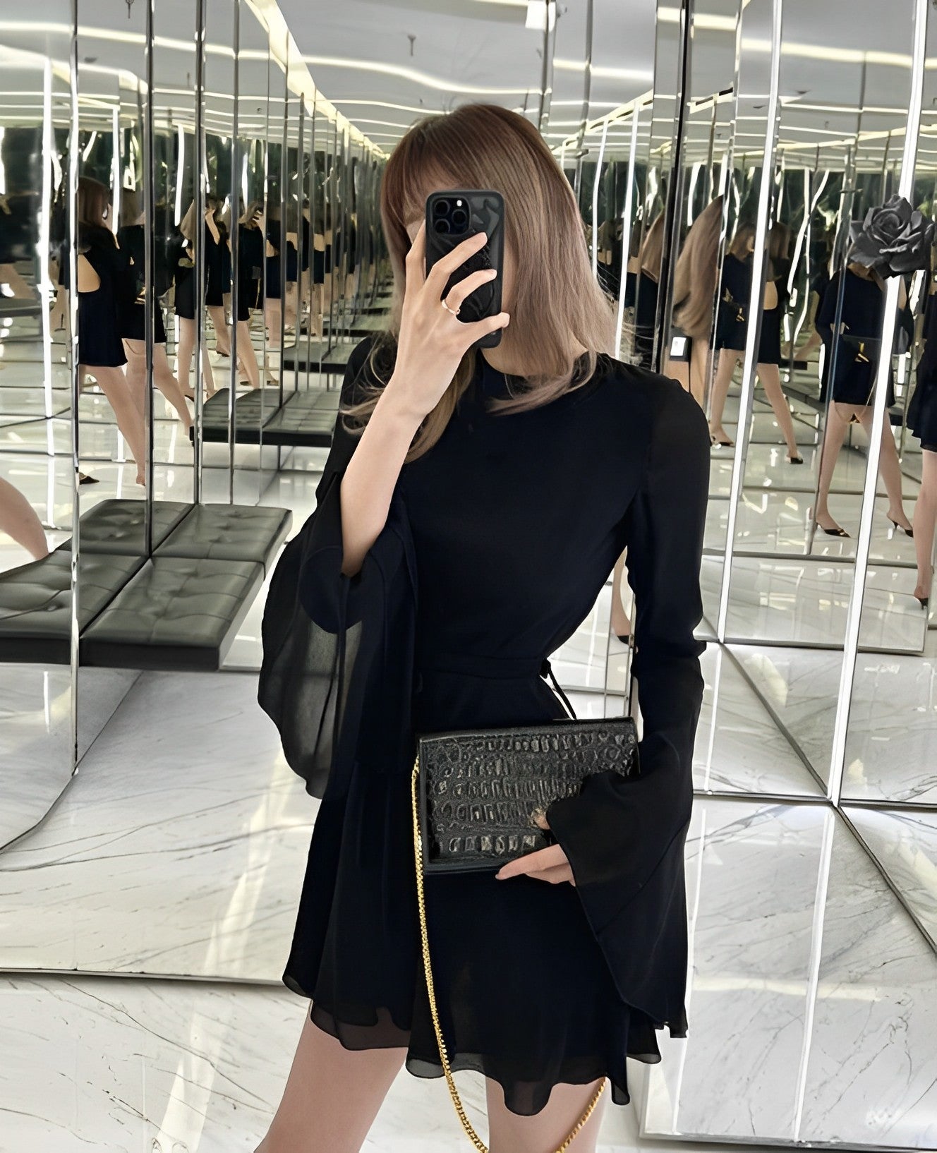 Black Flared Long Sleeve Dress