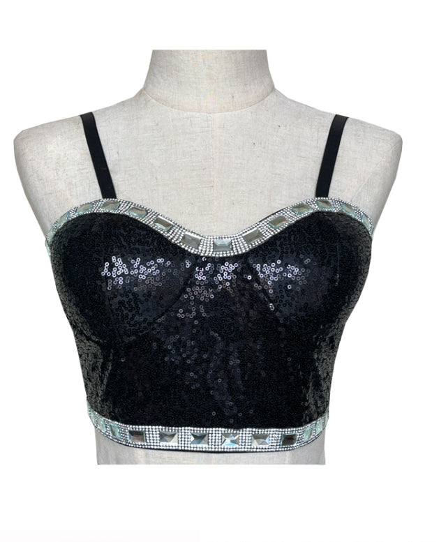 Black Sequins Bustier Top And Mini Skirt Set