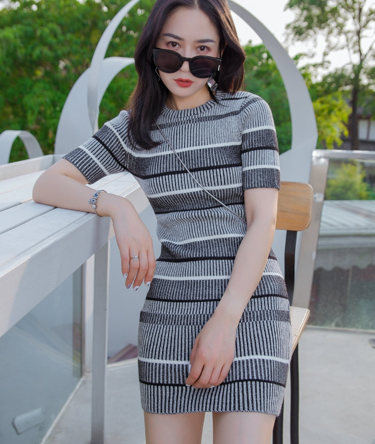 Grey Striped Knitted Dress