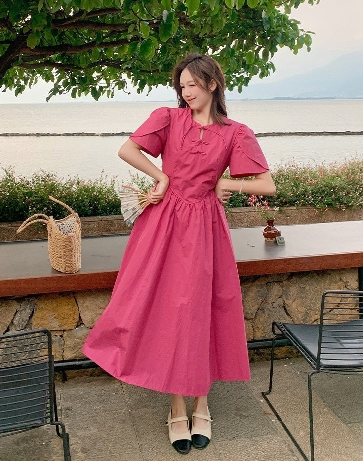 Rose Pink Elegant High Waist Midi Dress