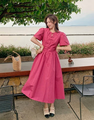 Rose Pink Elegant High Waist Midi Dress
