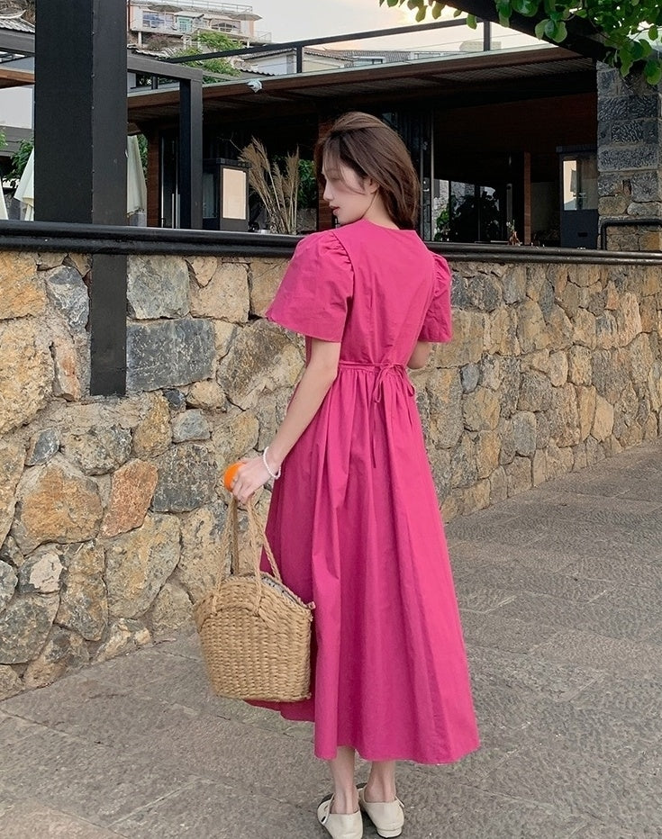 Rose Pink Elegant High Waist Midi Dress