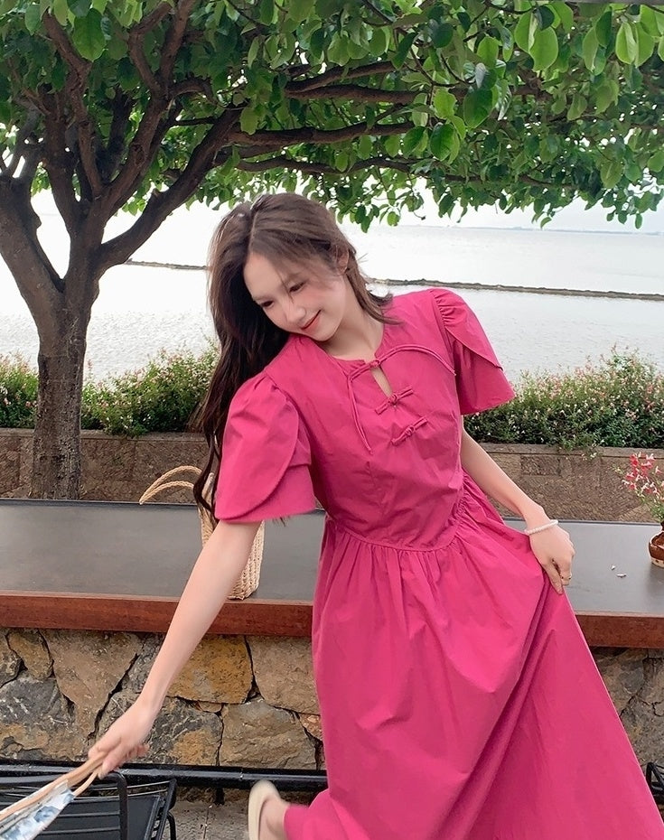 Rose Pink Elegant High Waist Midi Dress