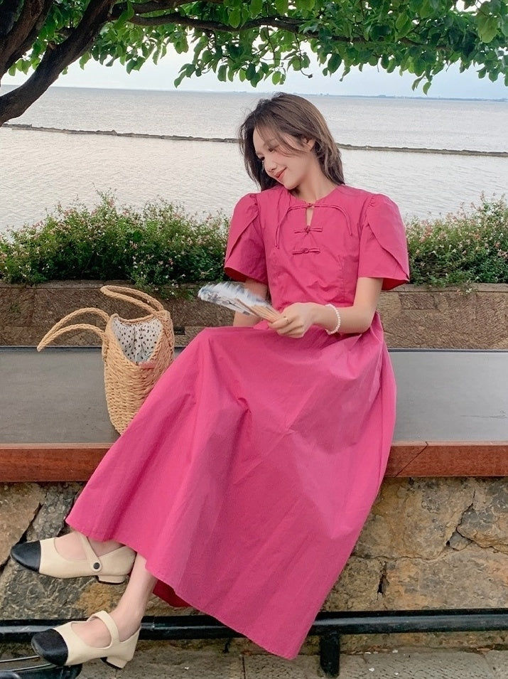 Rose Pink Elegant High Waist Midi Dress