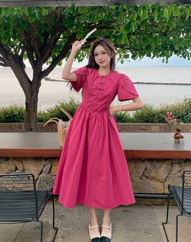 Rose Pink Elegant High Waist Midi Dress