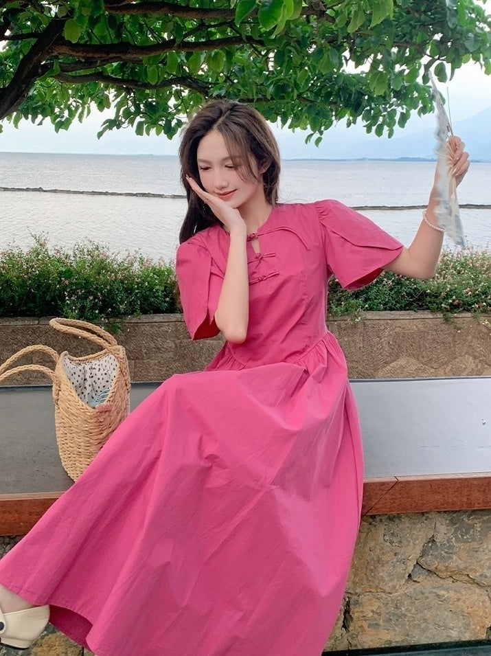 Rose Pink Elegant High Waist Midi Dress