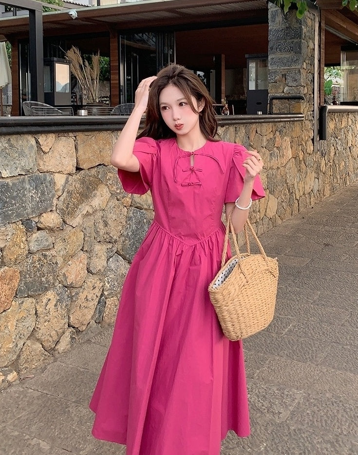 Rose Pink Elegant High Waist Midi Dress
