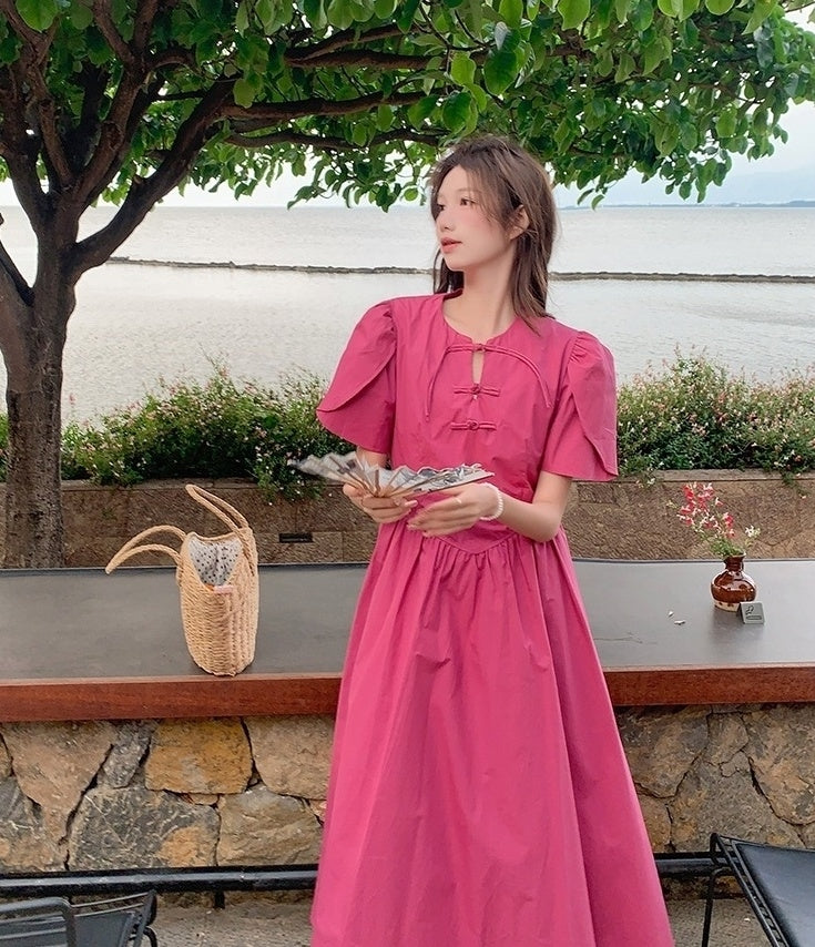 Rose Pink Elegant High Waist Midi Dress