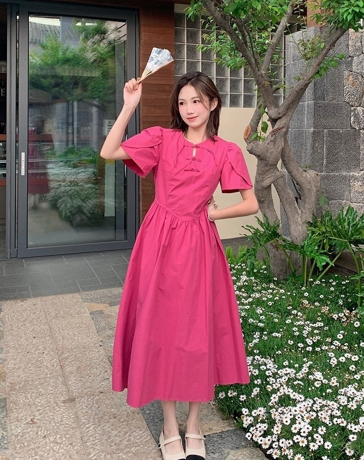 Rose Pink Elegant High Waist Midi Dress
