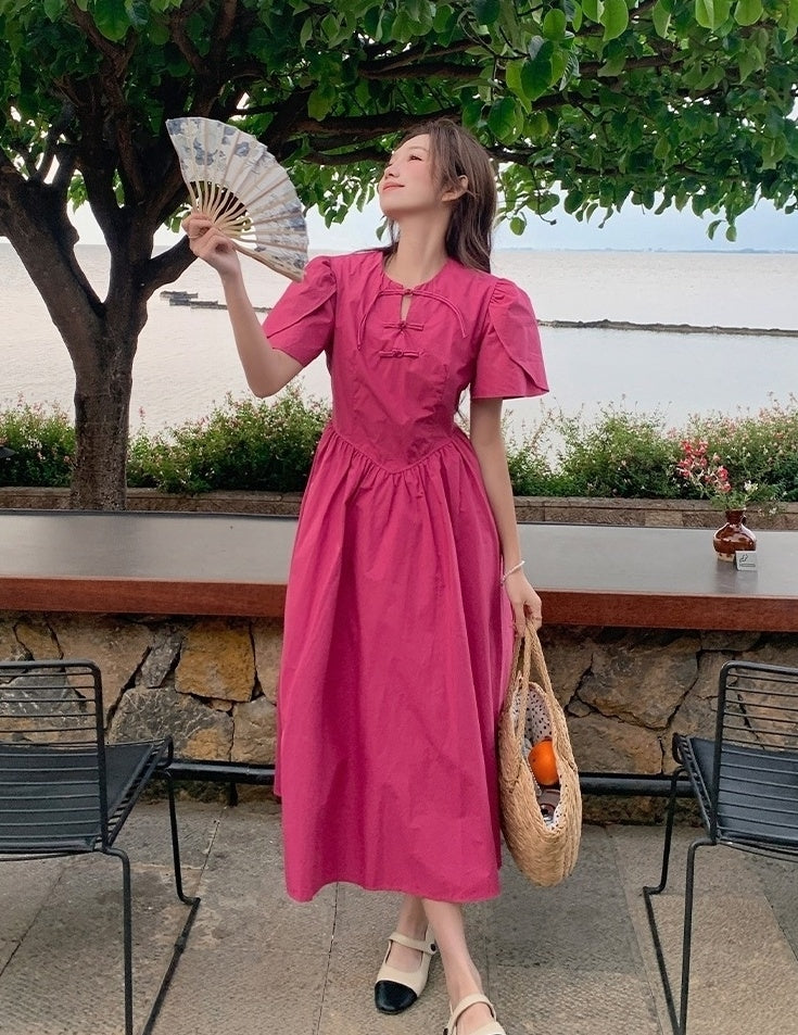 Rose Pink Elegant High Waist Midi Dress