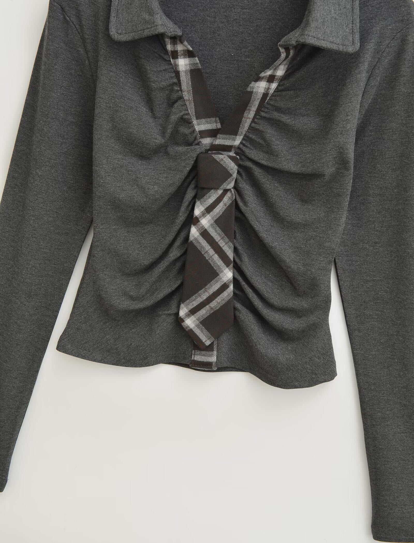 Ruched Tie Detail Collared Long Sleeve Top