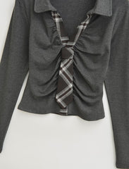 Ruched Tie Detail Collared Long Sleeve Top
