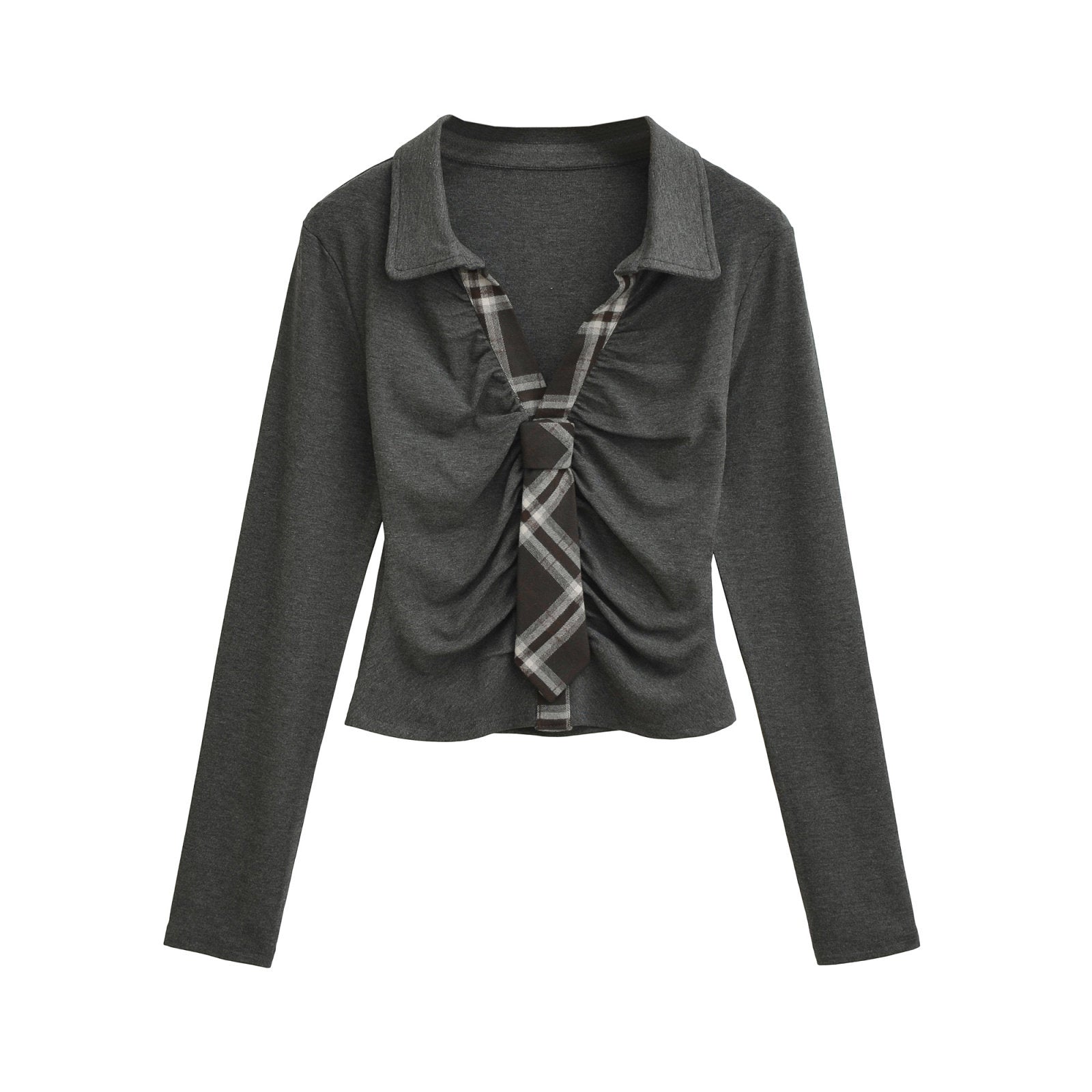 Ruched Tie Detail Collared Long Sleeve Top