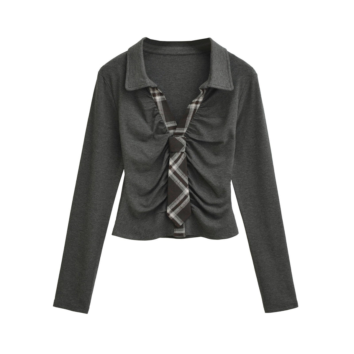 Ruched Tie Detail Collared Long Sleeve Top