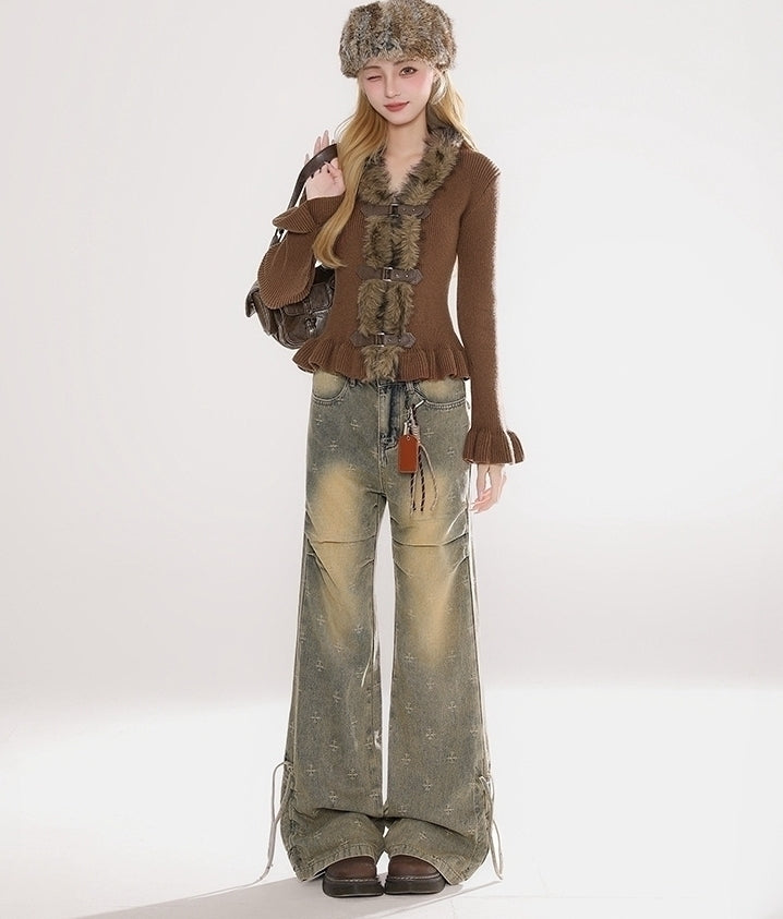 Ruffled Knit Faux Fur Collar Cropped Cardigan