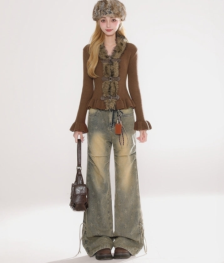 Ruffled Knit Faux Fur Collar Cropped Cardigan