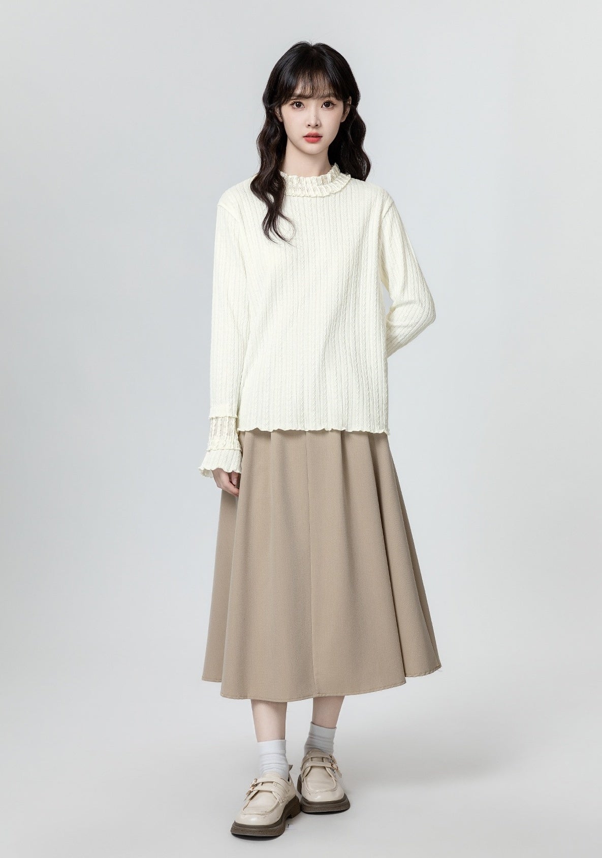 Ruffled Sleeve Beige Long Sleeve Top