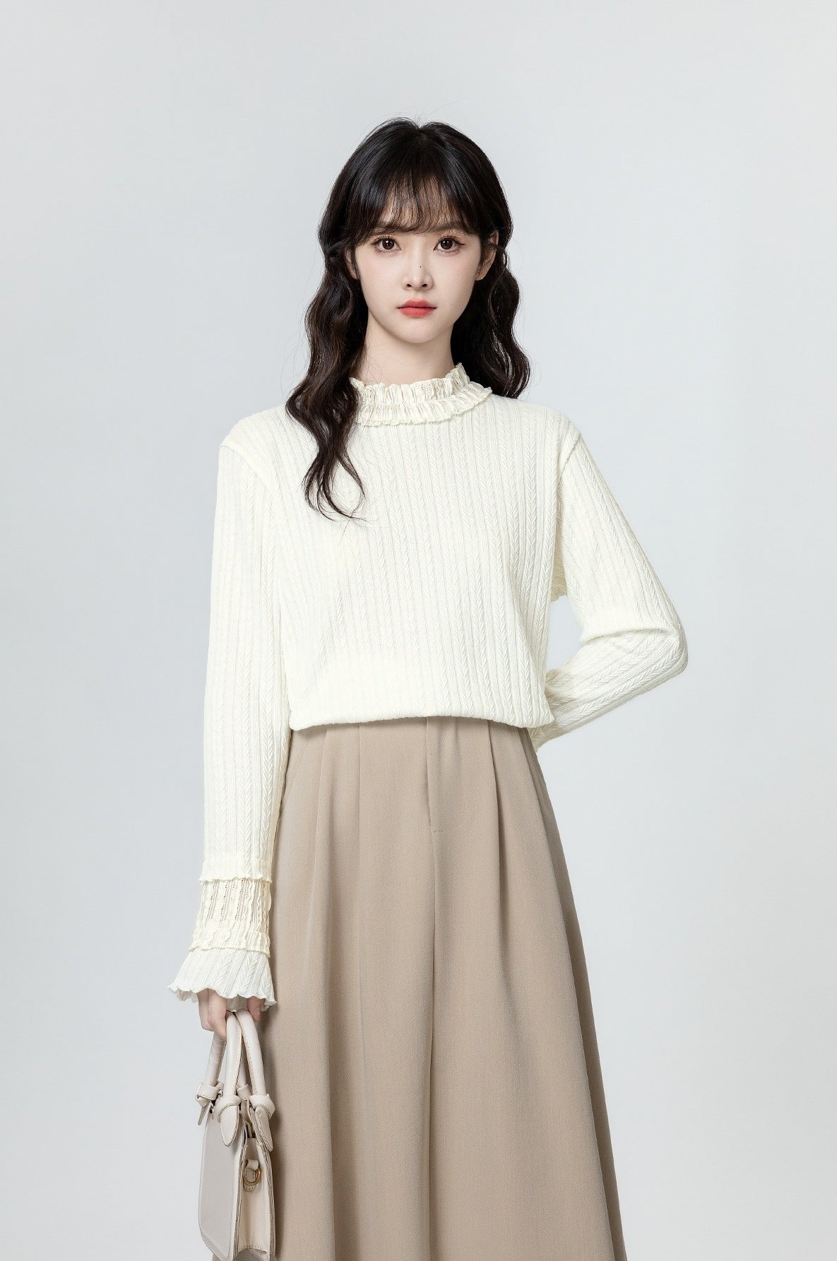 Ruffled Sleeve Beige Long Sleeve Top