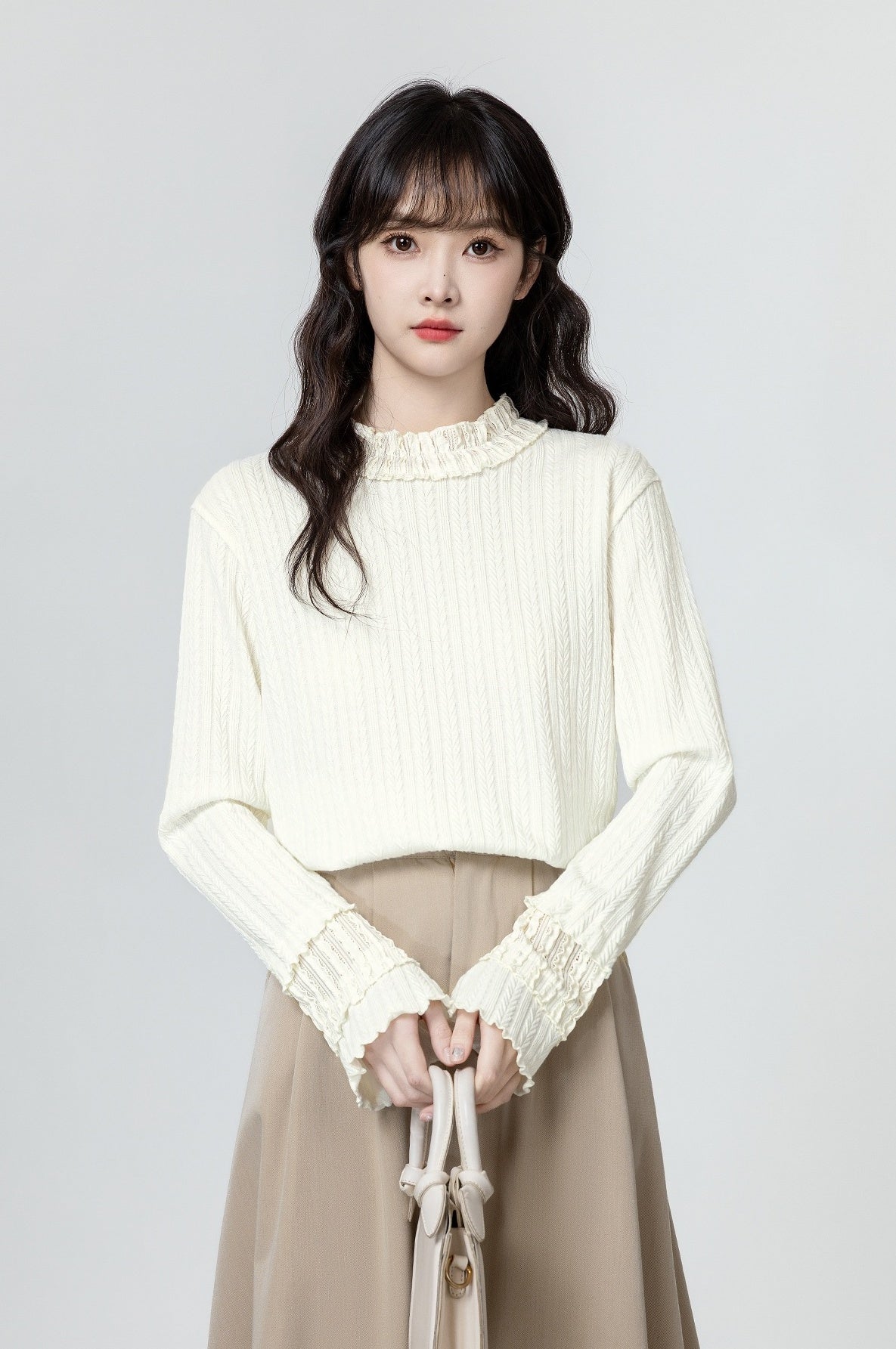Ruffled Sleeve Beige Long Sleeve Top
