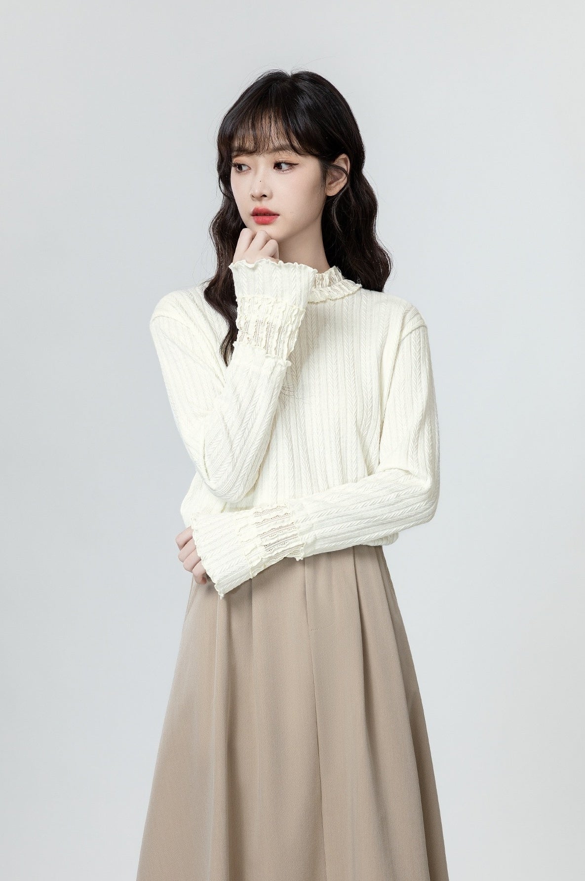Ruffled Sleeve Beige Long Sleeve Top