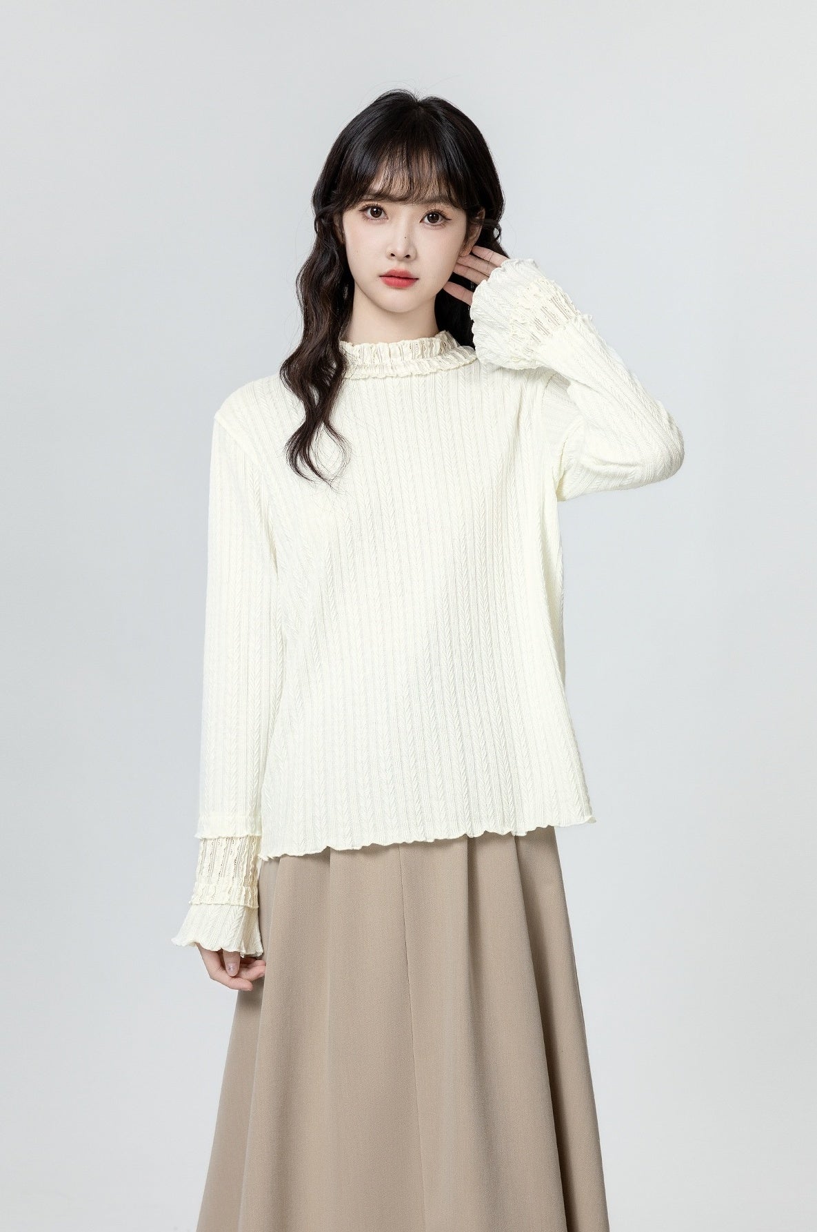 Ruffled Sleeve Beige Long Sleeve Top