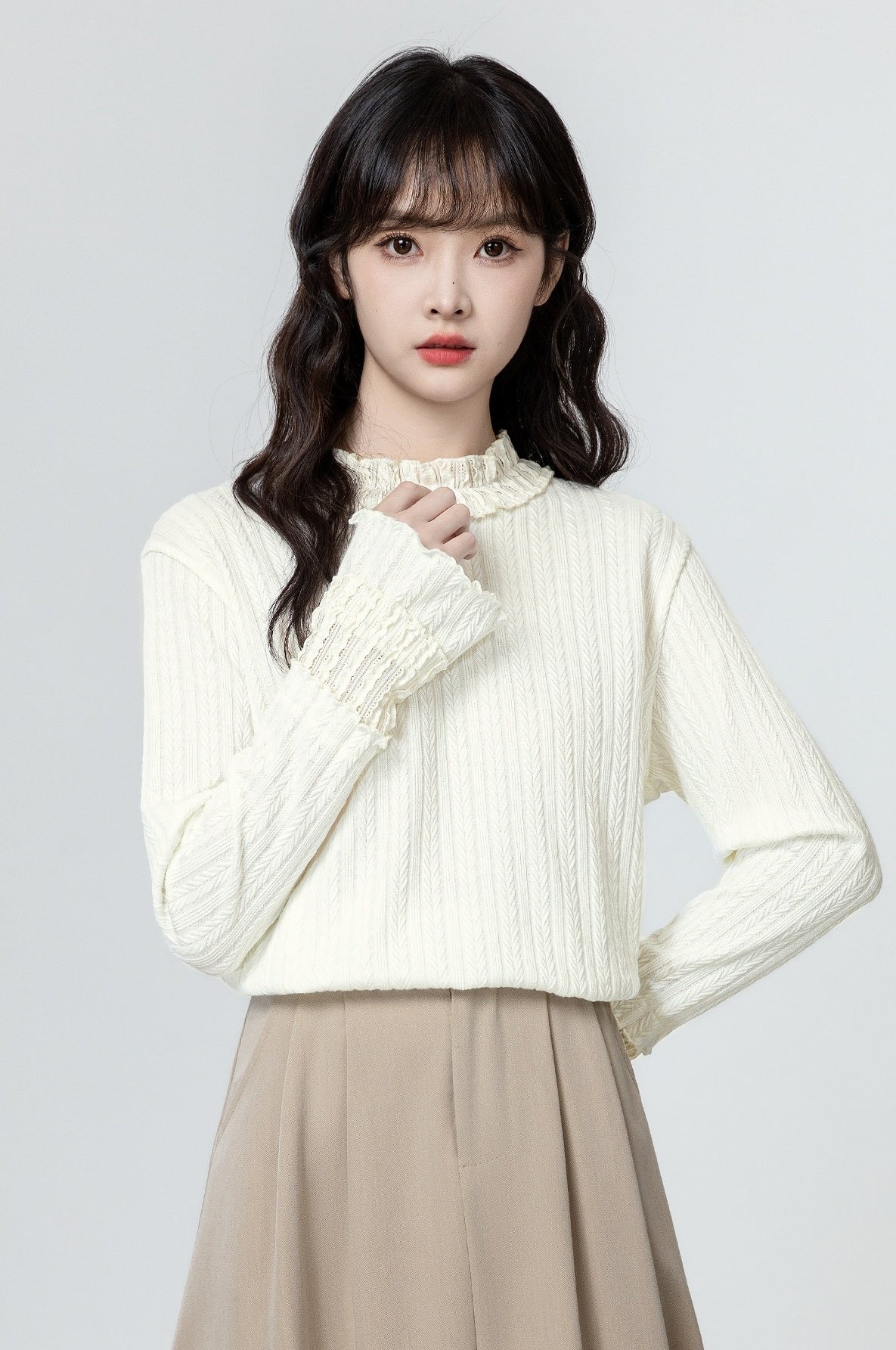 Ruffled Sleeve Beige Long Sleeve Top